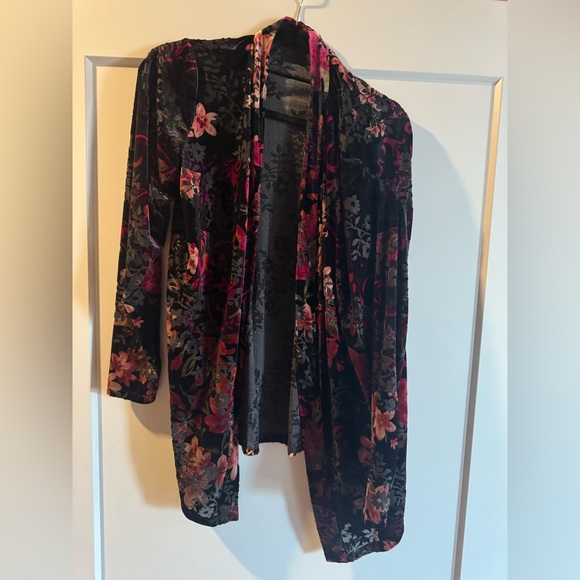 Susan Graver Black and Pink Floral Burnout Velvet cardigan - Picture 3 of 5